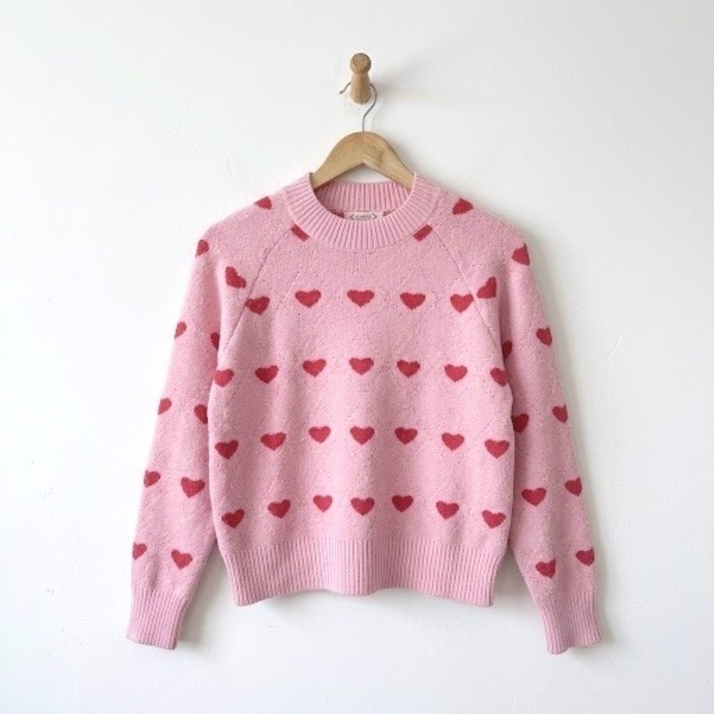 Nanette‎ Lepore Pink Red Heart Print Mock Neck Raglan Sweater Medium Girly Sweet